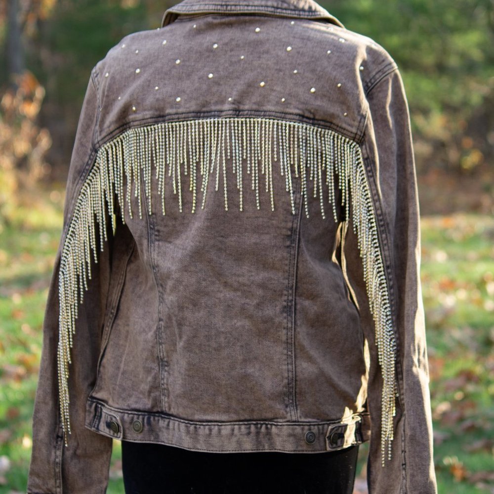 UPCYCLED Denim Rhinestone Fringe Jacket - Picture 3 of 10